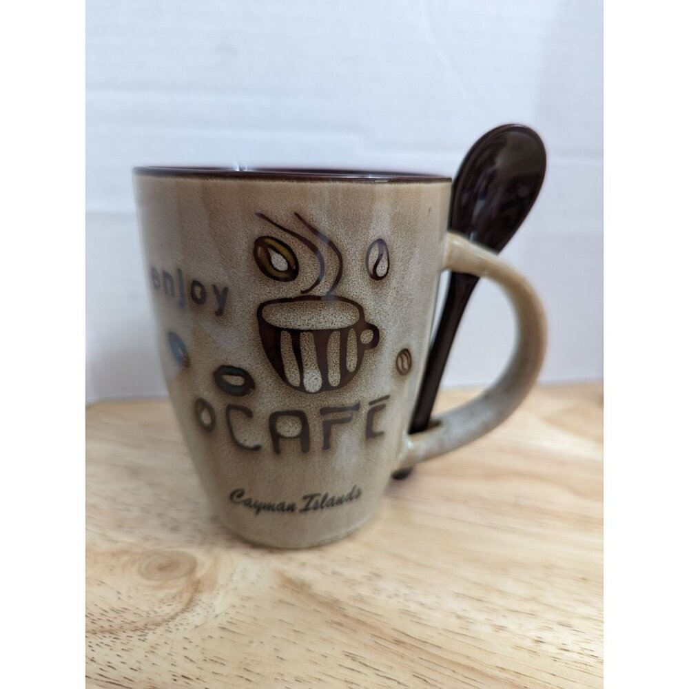 Enjoy Cafe Cayman Islands brown coffe themed mug w/spoon 4 inch @agiftcorp - Picture 2 of 11